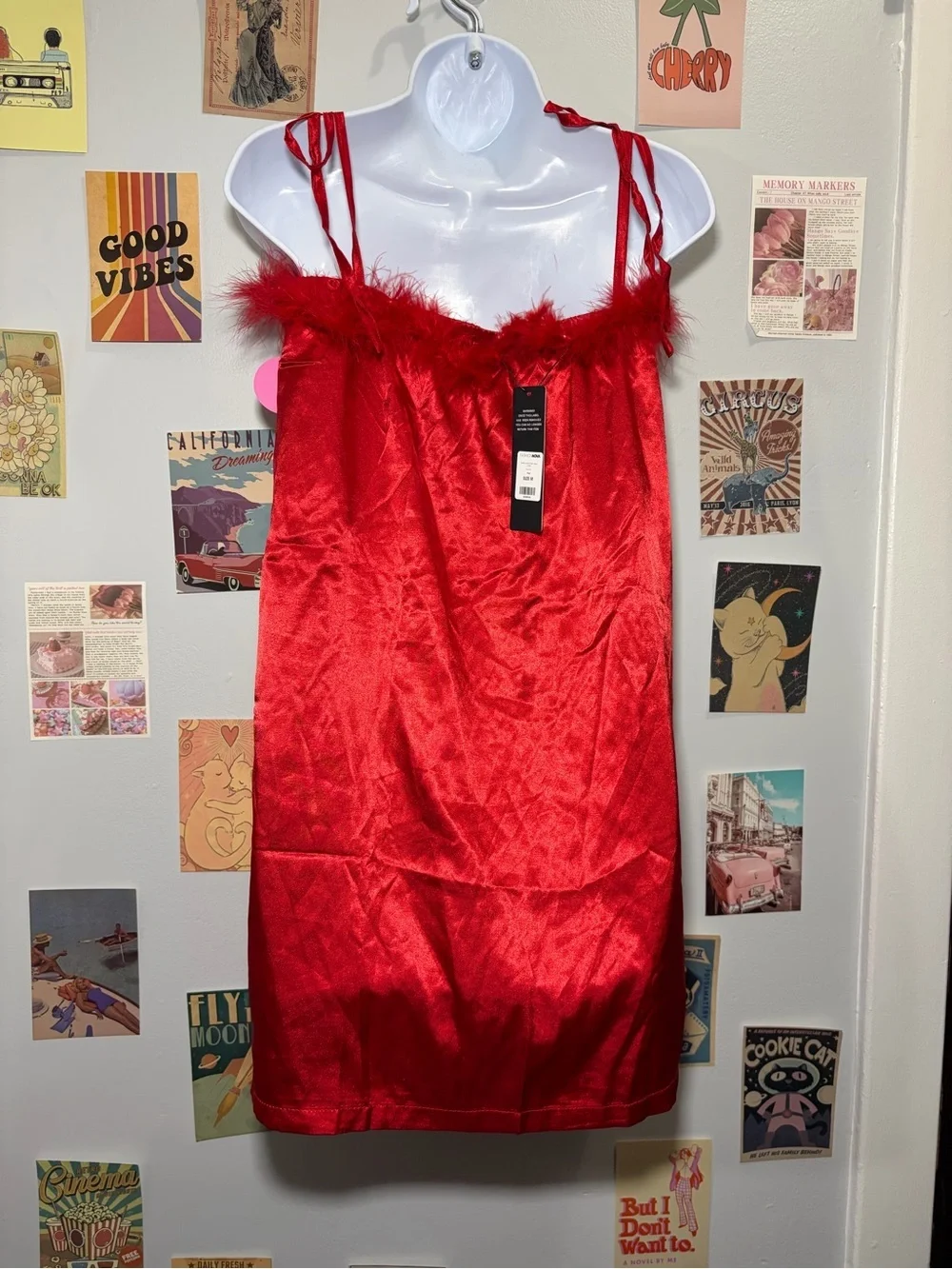 Fashion Nova Red Satin Feather-Trim Chemise